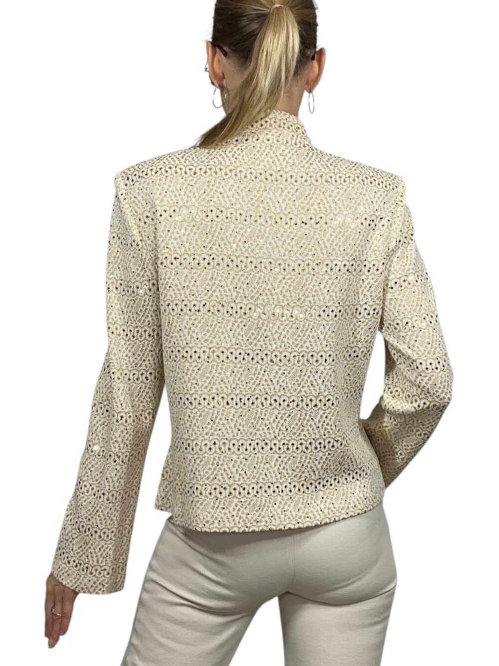 St. John Evening Vintage Embellished Knit Jacket 8 Cream Gold Zipper Front - Picture 3 of 16